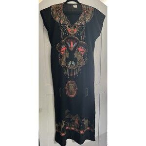 🖤Egyptian Kafkan Dress Black Gold Beaded Sequin Nefertiti Tutankhamun M